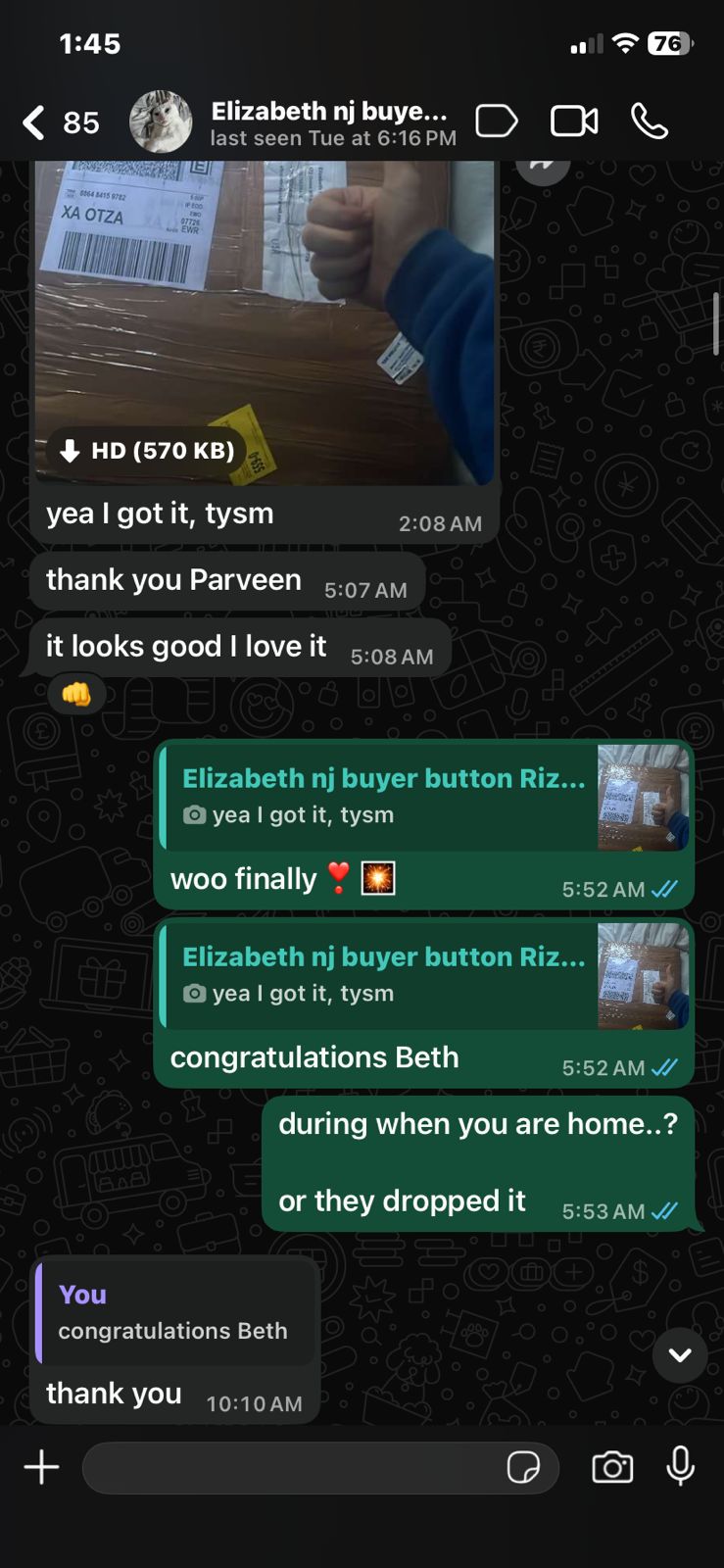 Buyer delivery confirmation chat